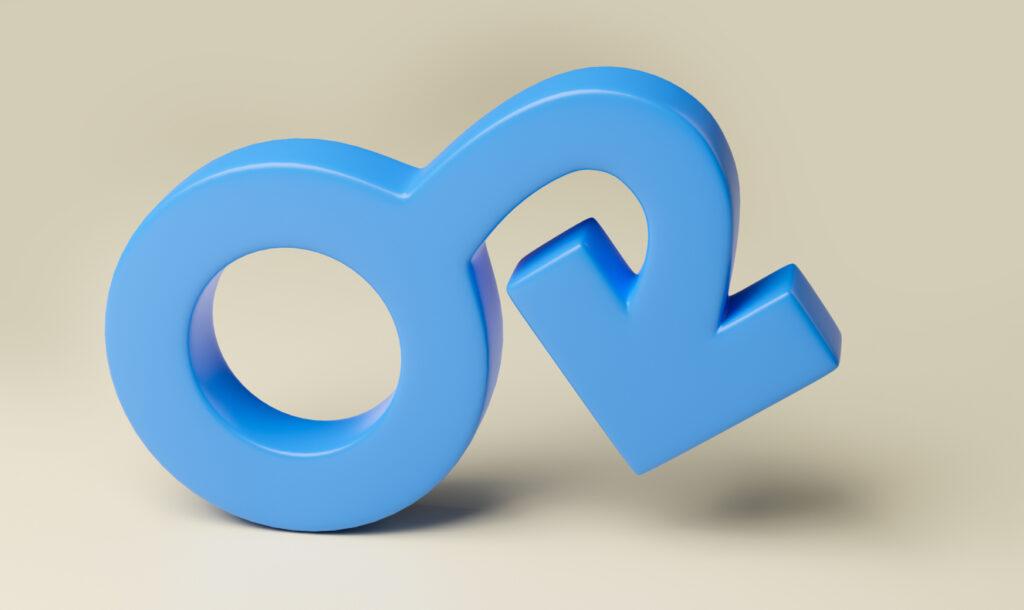 Male gender symbol with dangling arrow, symbolizing struggles with erectile dysfunction.